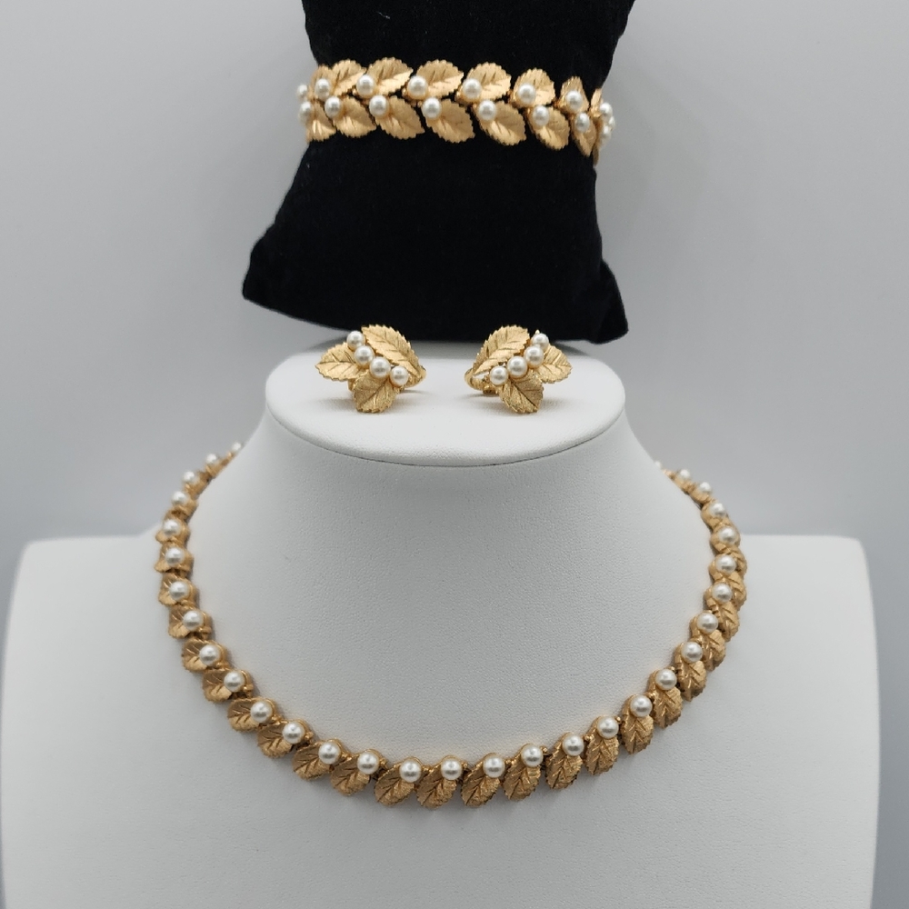Crown Trifari Gold and Pearl Leaf Necklace, Bracelat And Clip Earring Set